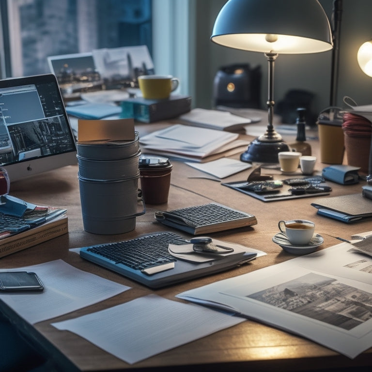 A cluttered desk with a laptop buried under stacks of folders, tangled cords, and scattered papers, surrounded by empty coffee cups and forgotten notes, with a faint background of blurred cityscape.