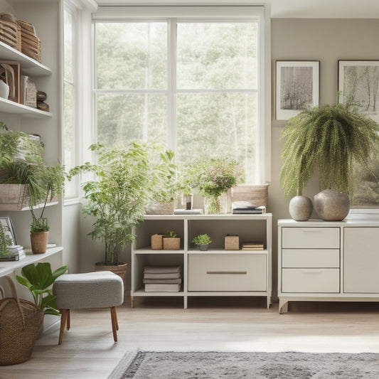 A serene, organized home interior with a tidy living room, a minimalist desk, and a few carefully placed storage bins, surrounded by plenty of natural light and lush greenery.