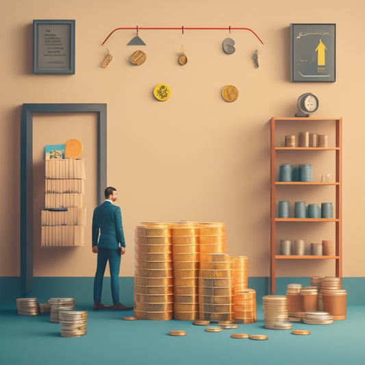 A minimalist illustration of a person standing in front of a cluttered room, with a few items organized and labeled, surrounded by rising arrows and coins, symbolizing growth and profit.
