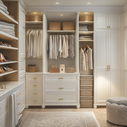 A serene, luxurious closet interior with creamy white shelves, warm wood accents, and soft golden lighting, featuring a mix of hanging rods, drawers, and a plush, velvet-covered ottoman.