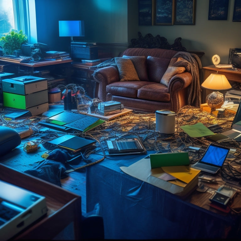 A cluttered living room with piles of papers, broken devices, and tangled cords, with a laptop in the center, surrounded by scattered digital devices, and a faint glow of a digital organizational system on the laptop screen.