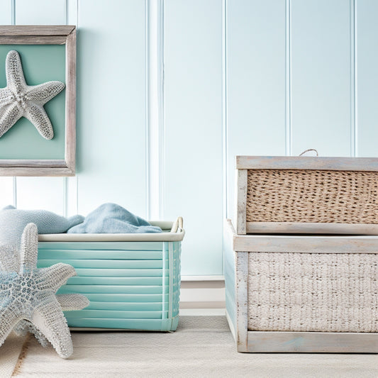 A serene, white-washed beachy scene featuring three woven starfish-patterned storage bins in varying sizes, arranged artfully on a driftwood-gray wooden shelf, against a soft blue-green ombre background.