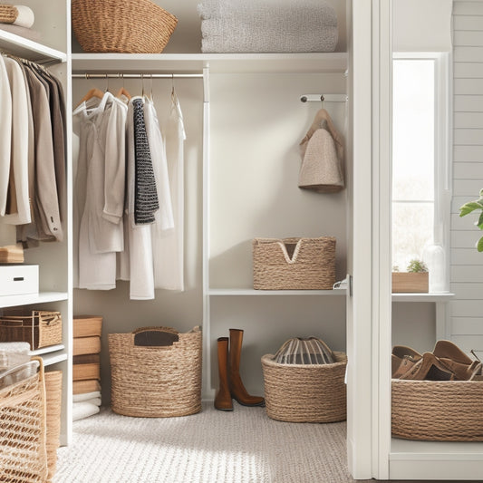 A serene, organized closet interior with soft, natural light pouring in, featuring a refurbished wooden shelving unit, woven baskets, and a few stylish garments hung from sleek, silver rods.