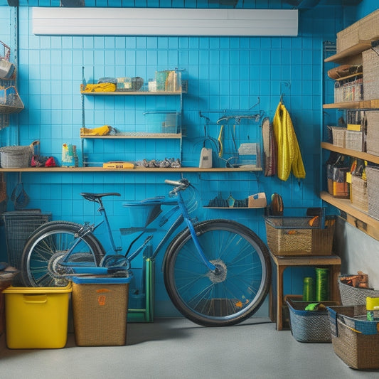 A well-organized garage with a pegboard on the wall, colorful bins and baskets on shelves, a hanging bike, and a labeled toolbox, surrounded by a clean and polished concrete floor.