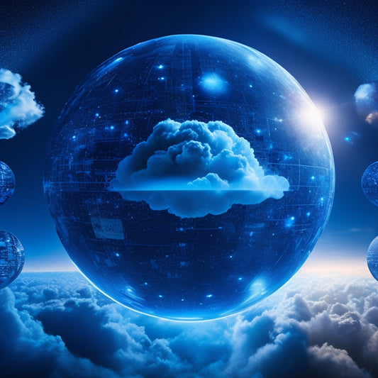 A futuristic, spherical data hub with glowing blue circuits and orbiting clouds, surrounded by fragmented puzzle pieces of different cloud storage logos, with a subtle, shimmering question mark in the center.