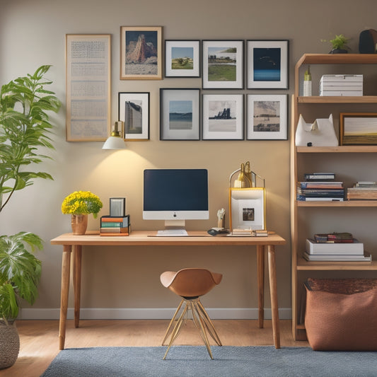 A tidy, modern home office with a laptop open on a wooden desk, surrounded by organized files, colorful pens, and a few framed motivational quotes, set against a calming beige background.