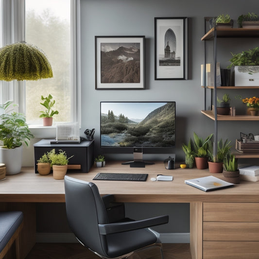 A tidy, modern home office with a sleek desk, a large monitor, and a tablet displaying a digital planner, surrounded by minimal, organized physical storage bins and a few potted plants.
