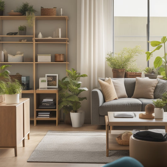 A serene, clutter-free living room with a few, strategically-placed storage bins, a tidy bookshelf, and a single, potted plant on a minimalist coffee table.
