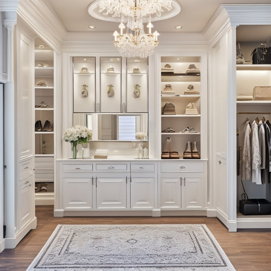 A luxurious walk-in closet with creamy white walls, dark wood shelves, and a crystal chandelier, featuring a custom template design on a large tablet screen, surrounded by stylish clothing and accessories.