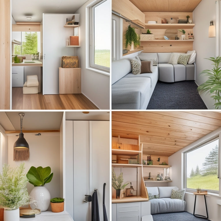 A serene, minimalist tiny home interior with a Murphy bed, compact shelving units, and multi-functional furniture, showcasing clever storage solutions and a clutter-free living space.