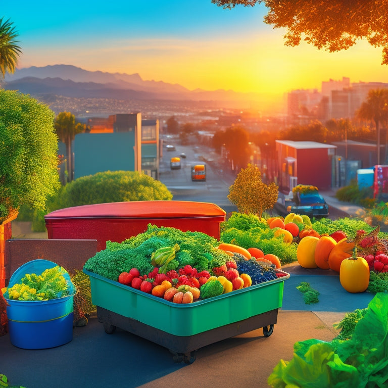 A vibrant, sun-lit illustration depicting a bustling California cityscape with green waste bins, overflowing with fresh fruits and vegetables, alongside composting facilities and thriving urban gardens.