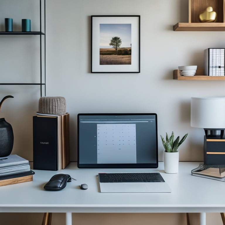 A minimalist home office with a tidy desk, a sleek laptop, and a tablet displaying a digital calendar, surrounded by a few carefully arranged decorative items and a blurred background of organized shelves.