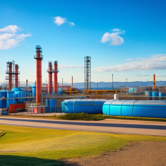 A large, industrial facility with oil drums and pipes in the foreground, surrounded by a fence with a warning sign, set against a bright blue sky with a few puffy white clouds.