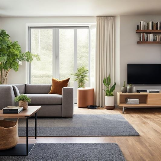 A clutter-free, modern living room with a sleek, wall-mounted shelf system, a storage ottoman, and a hidden desk with a sliding keyboard tray, surrounded by minimalist decor and plenty of natural light.