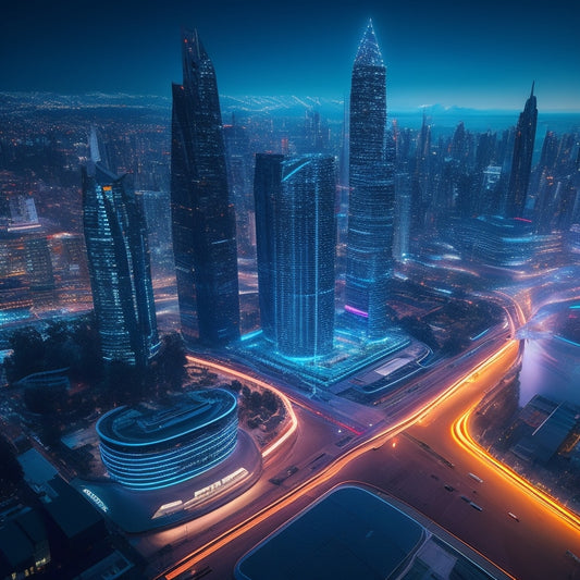 A futuristic cityscape at dusk, with sleek skyscrapers, curved lines, and glowing LED lights, surrounded by holographic projections of blueprint designs and 3D models floating in mid-air.