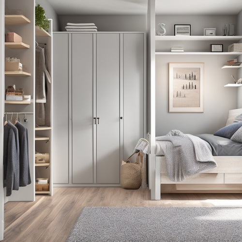 A tidy, minimalist small bedroom with a lofted bed, storage cubes beneath, a hanging organizer on the back of the door, and a compact, multi-tiered dresser against a soft, light-gray wall.