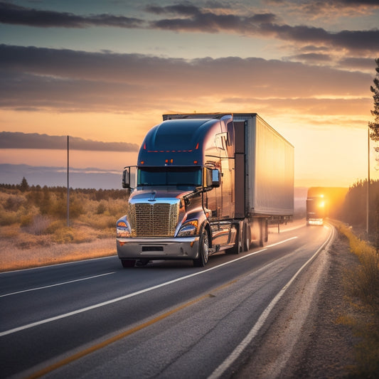 A semi-truck driving on a highway at sunset, with a faint outline of a CDL license in the rearview mirror, surrounded by road signs, maps, and a steering wheel.