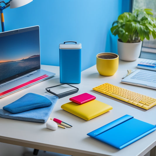 A bright, minimalist workspace with a tidy desk, a few colorful pens, and a laptop, featuring a few storage pockets attached to the laptop sleeve, each containing a small motivational item like a tiny trophy or a miniature inspirational quote plaque.