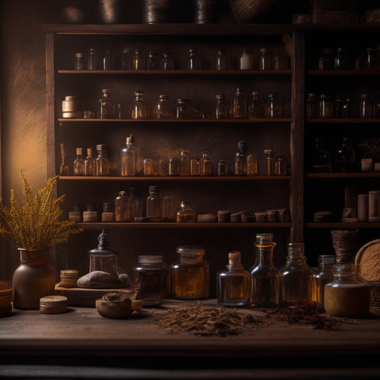 A dimly lit, rustic apothecary shelf lined with amber glass vials, wooden mortars, and pestles, surrounded by dried botanicals, and a few droppers and measuring cups, with a faint herbal aroma.