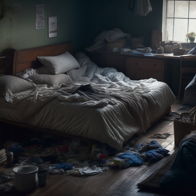 A dimly lit, messy room with scattered clothes, unwashed dishes, and overflowing trash, surrounded by shadows, with a lone, unmade bed in the center, covered in tangled sheets and a single, crumpled pillow.