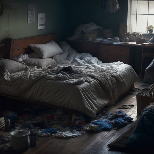 A dimly lit, messy room with scattered clothes, unwashed dishes, and overflowing trash, surrounded by shadows, with a lone, unmade bed in the center, covered in tangled sheets and a single, crumpled pillow.