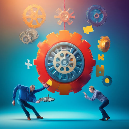 A stylized illustration of a person effortlessly juggling multiple puzzle pieces, with each piece representing a different business application, surrounded by a subtle background of interconnected gears and cogs in motion.