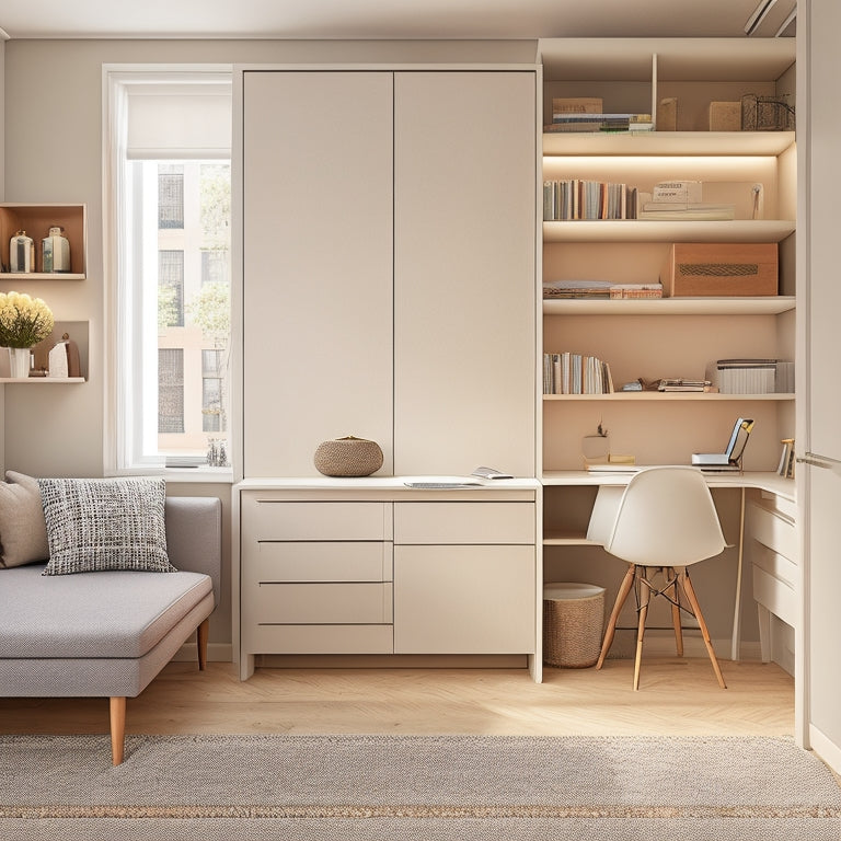 A serene, clutter-free small apartment with a minimalist sofa, a compact desk, and a Murphy bed, featuring clever storage solutions, such as woven baskets and transparent shelves.
