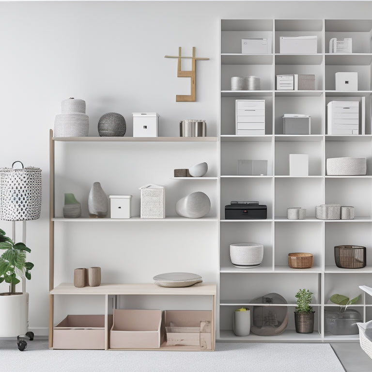 A minimalist, modern home storage setup with a sleek laptop and smartphone displaying storage apps, surrounded by neatly organized shelves, baskets, and a label maker, set against a light-gray background.