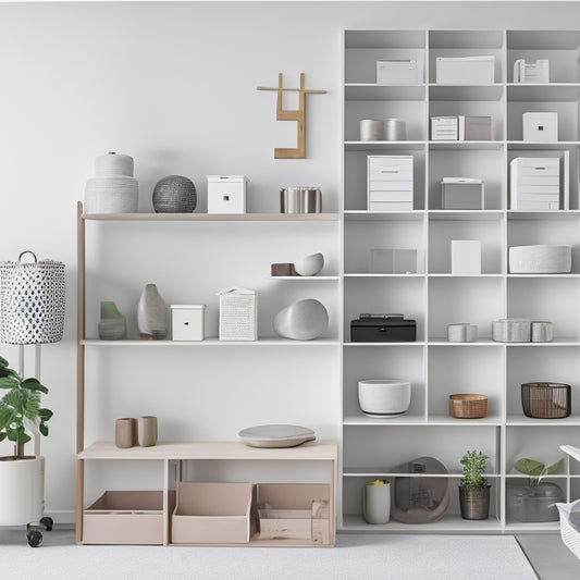 A minimalist, modern home storage setup with a sleek laptop and smartphone displaying storage apps, surrounded by neatly organized shelves, baskets, and a label maker, set against a light-gray background.