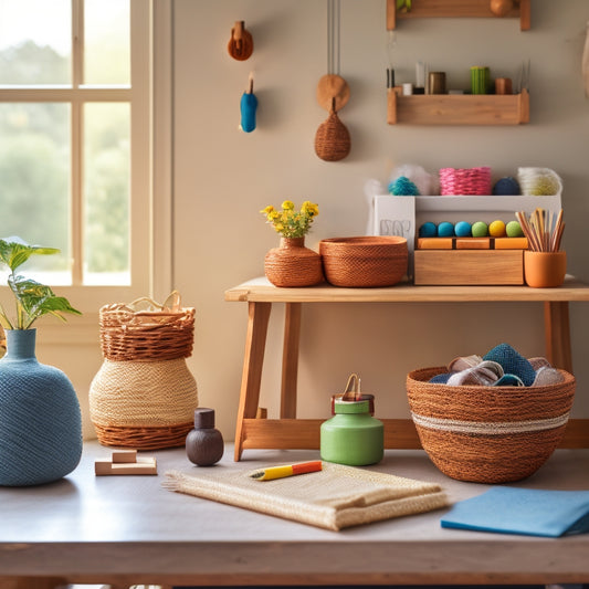 A serene, minimalist workspace with a wooden desk, surrounded by neatly organized craft supplies in woven baskets, and a few carefully placed, colorful, handmade decorations.