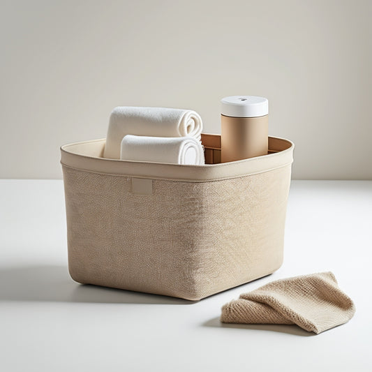 An image featuring a sturdy, canvas-like fabric bin with a natural beige tone, adorned with subtle texture and a minimalist handle, placed against a clean white background, surrounded by neatly organized items.