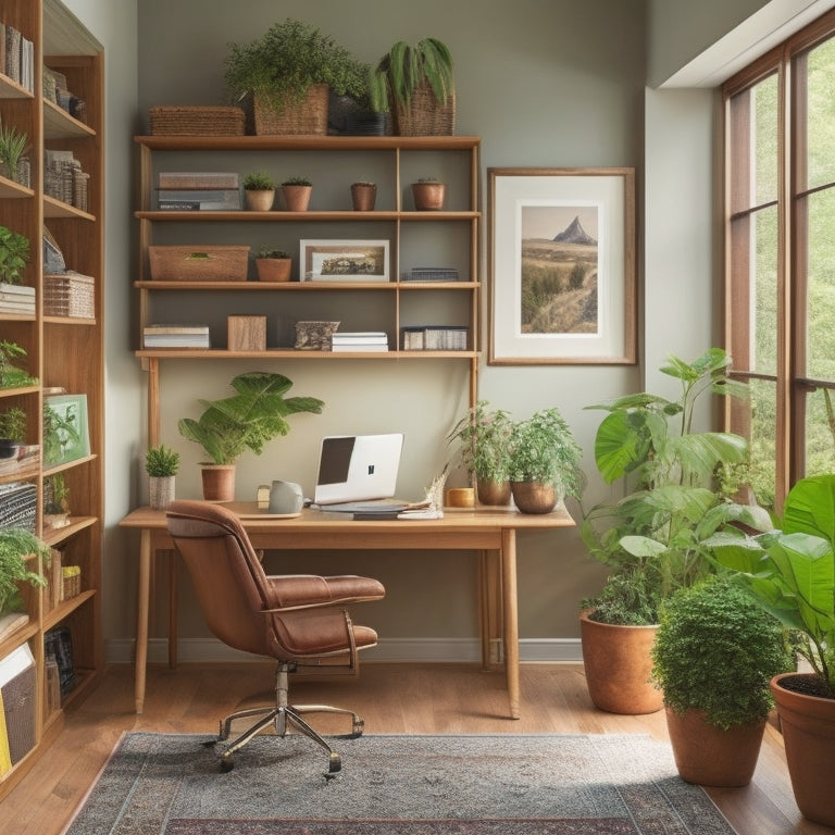 A clutter-free, well-lit home office with a wooden desk, ergonomic chair, and a floor-to-ceiling bookshelf, divided by a room divider with a potted plant, and a comfortable reading nook in the corner.