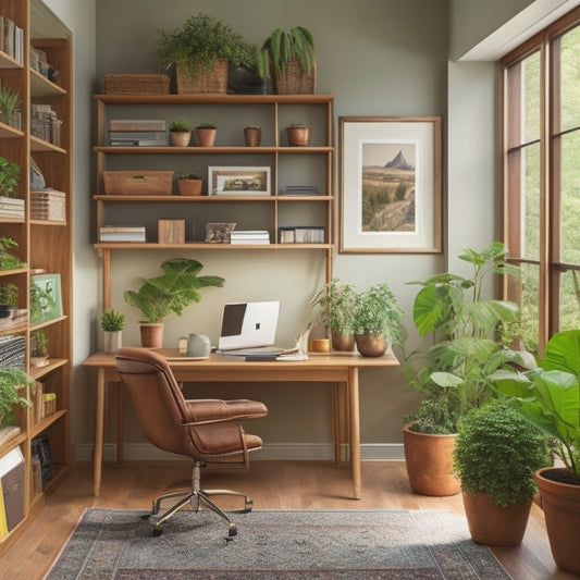 A clutter-free, well-lit home office with a wooden desk, ergonomic chair, and a floor-to-ceiling bookshelf, divided by a room divider with a potted plant, and a comfortable reading nook in the corner.