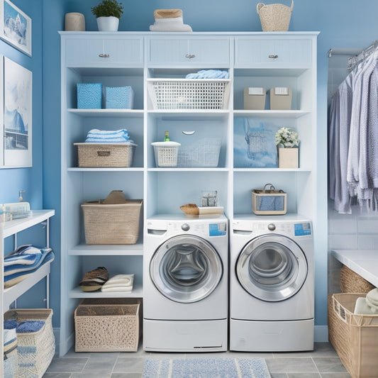 A bright, organized laundry room with a compact washer/dryer combo, sliding shelves, and a pegboard with hanging bins, baskets, and a retractable drying rack, set against a calming blue backdrop.