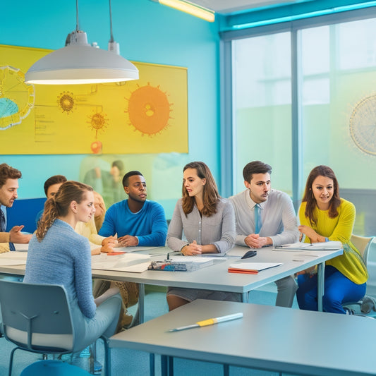 A bright, modern classroom with diverse students collaborating around a futuristic whiteboard, surrounded by innovative tools and gadgets, with a subtle background of gears and lightbulbs symbolizing creativity.