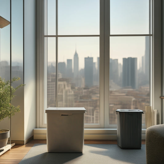 A tidy, minimalist room with a few packed boxes, a labeled "donate" bin, and a trash bag, surrounded by a calm, natural background with a subtle hint of a cityscape outside the window.