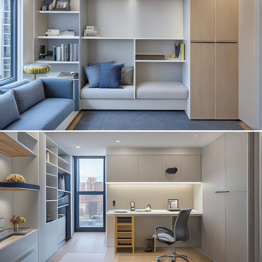 A clutter-free, modern small apartment with a sleek Murphy bed, floor-to-ceiling shelves, and a compact workstation, showcasing clever use of vertical space and multi-functional furniture.