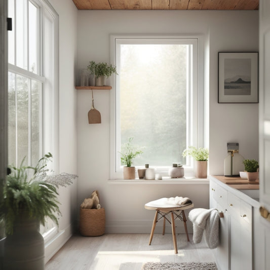 A serene, minimalist interior of a tiny home with a few, carefully selected decorative items, a clutter-free floor, and a sense of calm, with natural light pouring in through a large window.