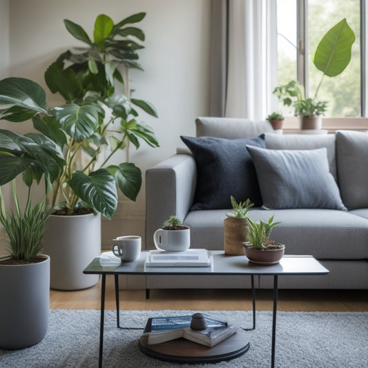 A serene, minimalist living room with a sleek laptop and tablet on a clutter-free coffee table, surrounded by a few, carefully placed, potted plants and a minimalist bookshelf in the background.