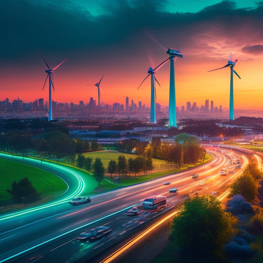 A futuristic cityscape at dusk with sleek wind turbines, solar panels, and electric vehicles, illuminated by a vibrant green glow emanating from rows of advanced batteries in the foreground.