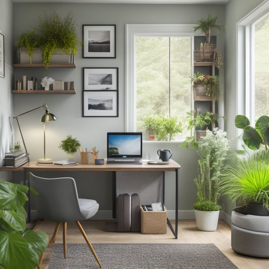 A clutter-free home office with a tidy desk, a sleek laptop, and a few neatly arranged storage bins, surrounded by a calming greenery and a subtle hint of a digital dashboard on the laptop screen.