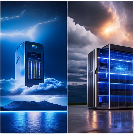 A split-screen image featuring a futuristic, glowing hybrid cloud storage hub on one side, with swirling clouds and lightning bolts, and a dedicated connection's sleek, high-tech server room on the other, with fiber optic cables and humming machines.