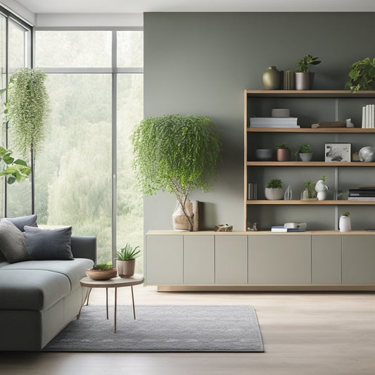 A minimalist, modern living room with sleek, wall-mounted shelves and storage units in a calming color palette, surrounded by lush greenery and flooded with natural light.
