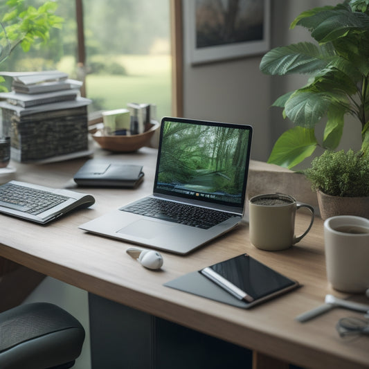 A cluttered desk with scattered papers, tangled cords, and a laptop buried beneath, contrasted with a minimalist digital dashboard on a sleek tablet in the background, surrounded by calm, greenery.