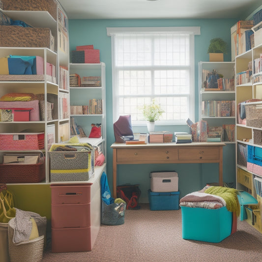 A cluttered college dorm room with scattered books, clothes, and personal items, contrasted with a tidy corner featuring a few colorful, stacked storage bins with lids, amidst a calm and organized backdrop.