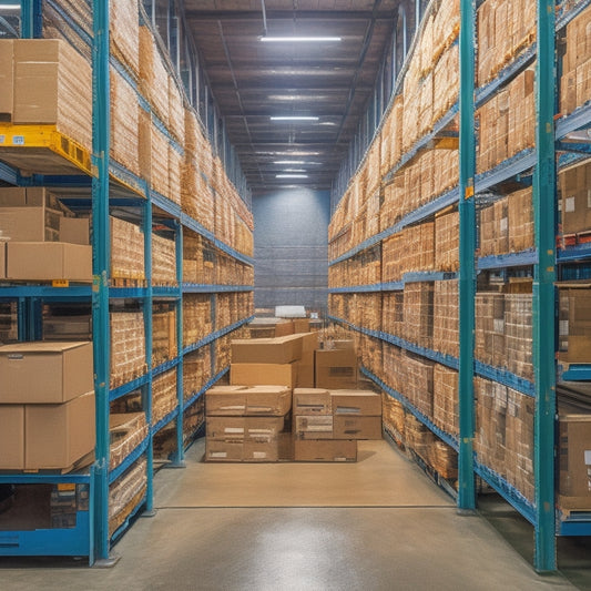 An organized warehouse with neatly stacked crates, each bearing a unique barcode label, alongside a sleek tablet displaying a digital inventory dashboard with color-coded charts and graphs.