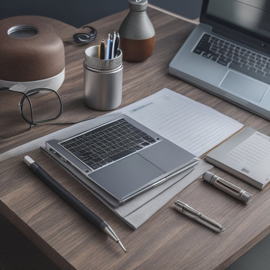 A tidy, modern desk with a sleek, silver Sparco organizer at its center, holding a neatly arranged laptop, notebook, and pens, surrounded by a minimalistic background with subtle woodgrain texture.