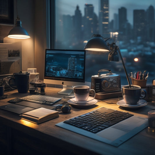 A cluttered desk with tangled cords, piles of papers, and a laptop buried beneath, surrounded by empty coffee cups and a worn-out keyboard, set against a dimly lit background with a blurred cityscape outside the window.
