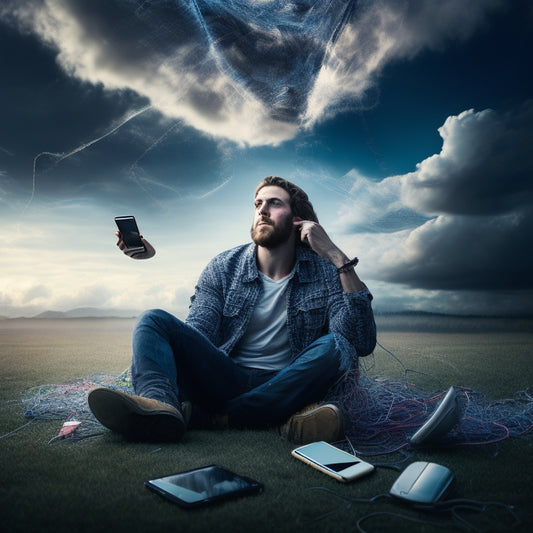 An overwhelmed person surrounded by swirling clouds of 1s and 0s, tangled cords, and shattered smartphone screens, with a faint outline of a peaceful, organized digital landscape in the background.