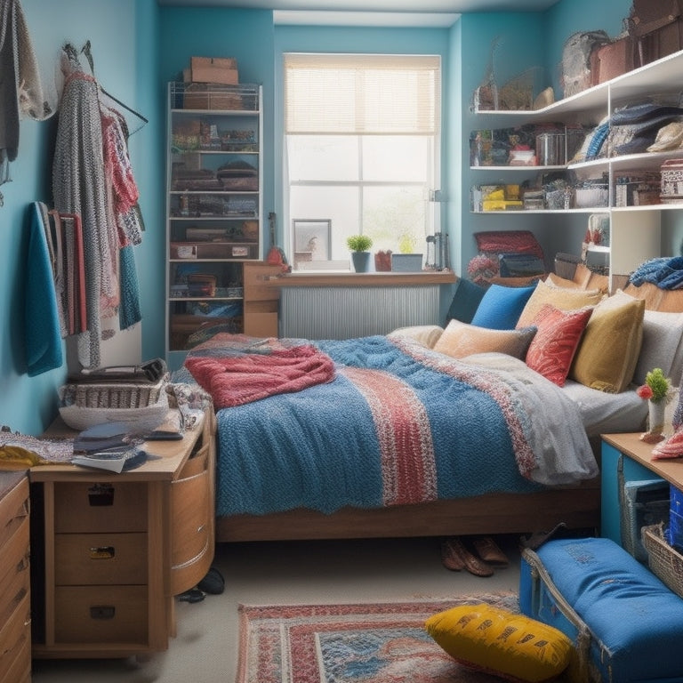 A cluttered, cramped studio apartment with a messy bed, overflowing closet, and scattered belongings, contrasted with a neat, organized version of the same space with multi-functional furniture and hidden storage solutions.